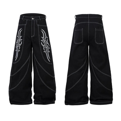 Wide Leg Long Pants Thorns Embroidery Loose Floor-Length Denim Pants Unisex Trendy