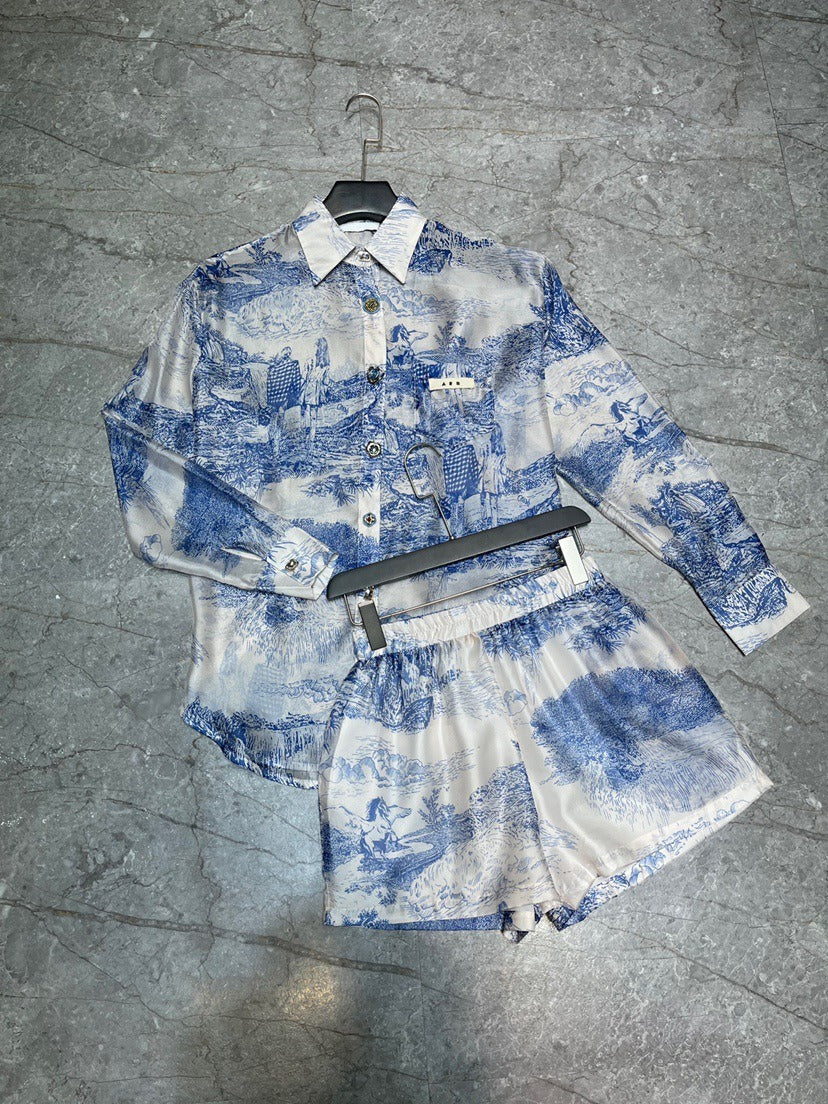 Two Piece Sets For Women Lapel Long Sleeve Spliced Button Shirts High Waist Shorts Summer Set Female New
