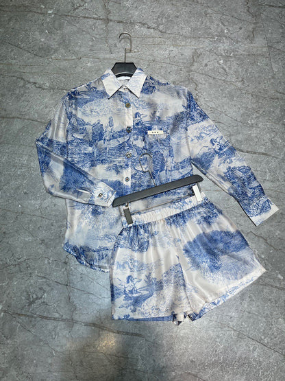 Two Piece Sets For Women Lapel Long Sleeve Spliced Button Shirts High Waist Shorts Summer Set Female New