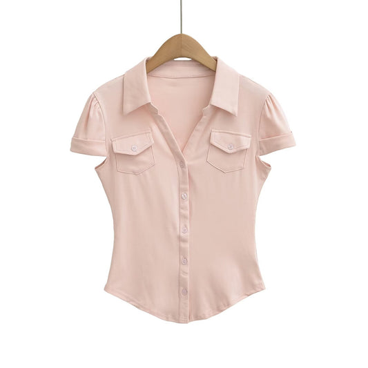 Polo Collar Waist-Cinched Slim Fit Chest Pocket Casual Short Sleeve Shirt