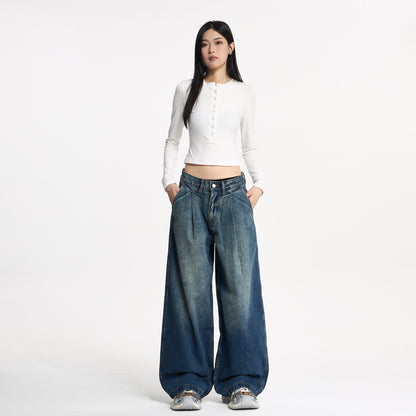 Pleated Wide-Leg Loose Denim Pants, Unisex Designer Style, Unique Couple Long Pants Trend