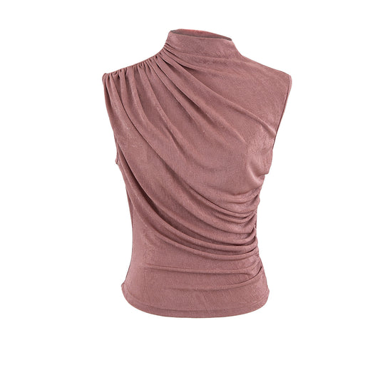 Pleated Fitted High Neck Crop Tank Top