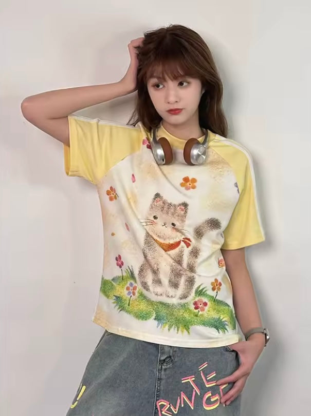 Retro Colorblock Cat Print Short Sleeve T-Shirt Women's Summer Raglan Slim Fit Cropped Spicy Top