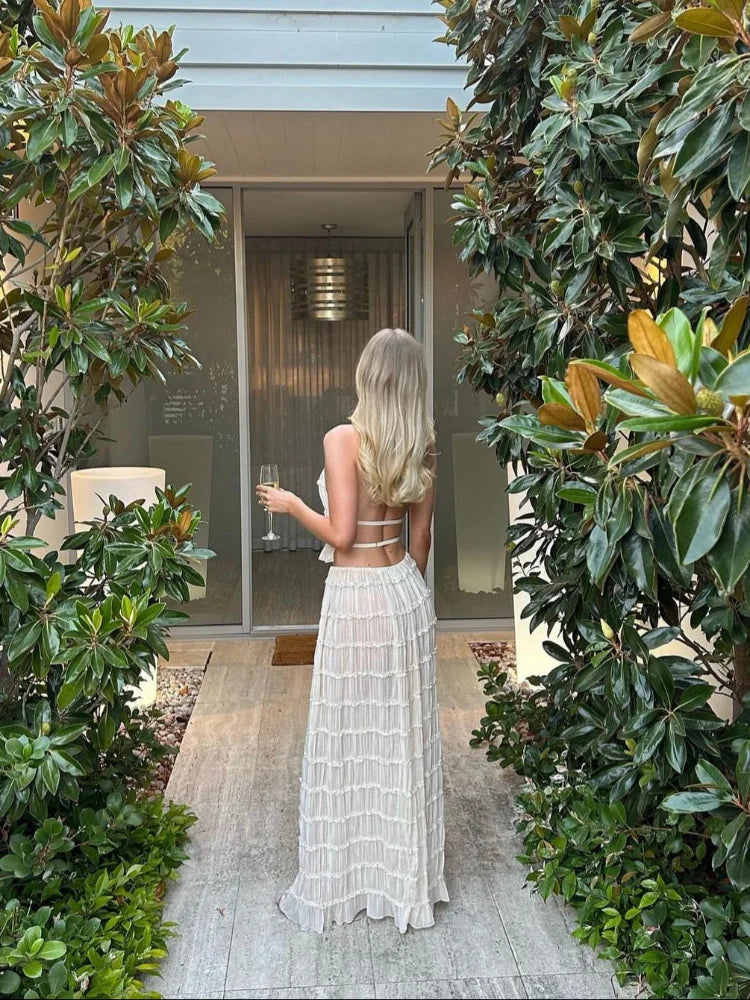 Wrinkle lace lace vest long skirt set