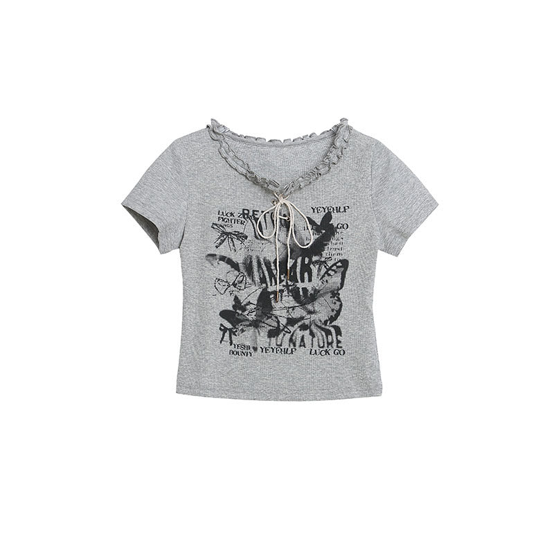 Short Sleeve T-Shirt for Women Slim Fit Spicy Girl Style Casual Tie-Back Crop Top