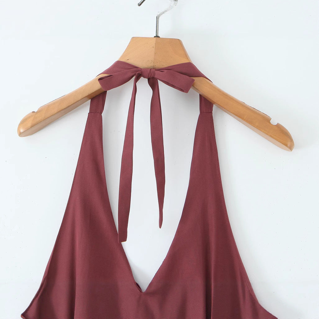V-neck Wine Red Halter Waist-Cinched Tiered Mini Dress