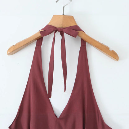 V-neck Wine Red Halter Waist-Cinched Tiered Mini Dress