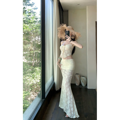 Charming Off-White Fitted Sheer Lace Strapless Skirt Set