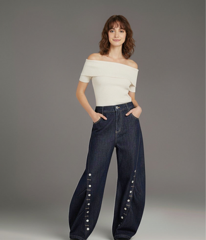 High Street  Pleated Button Decorated Flared Denim Pants Unisex Loose Wide Leg Straight Long Trousers