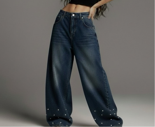 Wash denim jeans wide leg pants