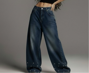 Wash denim jeans wide leg pants