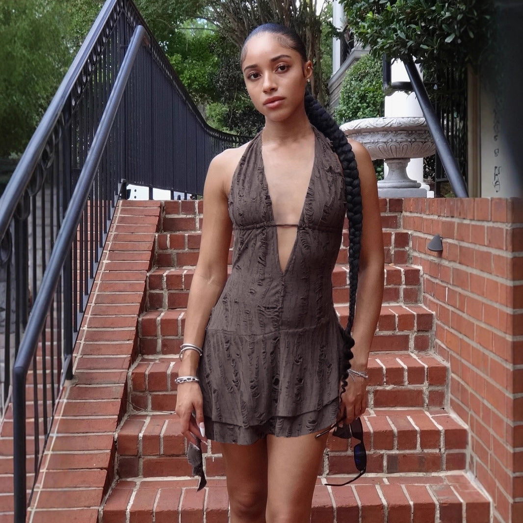 Streetwear Wasteland Style Sexy Off-the-Shoulder Irregular Strapless Backless Dress Deep V-Neck Distressed Mini Skirt