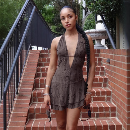 Streetwear Wasteland Style Sexy Off-the-Shoulder Irregular Strapless Backless Dress Deep V-Neck Distressed Mini Skirt