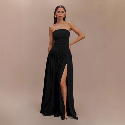 Women's Solid Color Sleeveless Backless Fitted Shirred Tube Dress Long Skirt Pleated