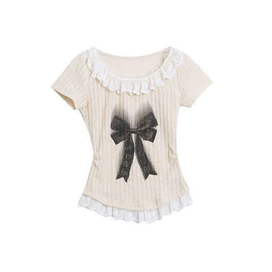 French Lace Trim Short Sleeve T-Shirt Women Round Neck Bow Print Slim Knit Top