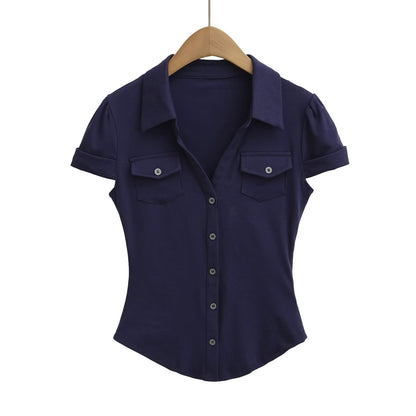 Polo Collar Waist-Cinched Slim Fit Chest Pocket Casual Short Sleeve Shirt