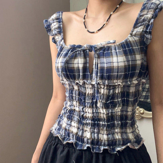 Plaid Strap U-neck Tank Top Women's Slim Fit Undershirt