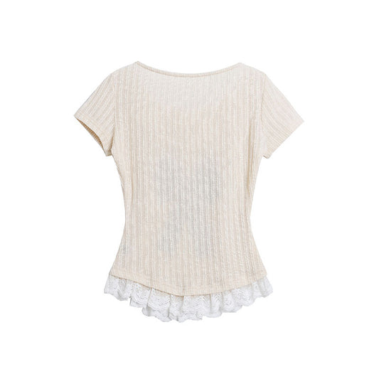 French Lace Trim Short Sleeve T-Shirt Women Round Neck Bow Print Slim Knit Top
