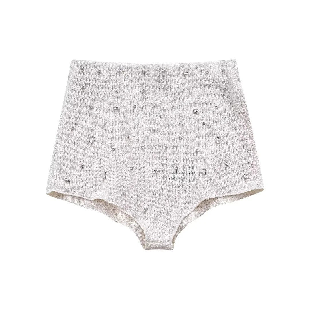 Women's Jewelry-Adorned Neckline Top + High-Waisted Wide-Leg Triangle Pants with Jewelry-Adorned Details