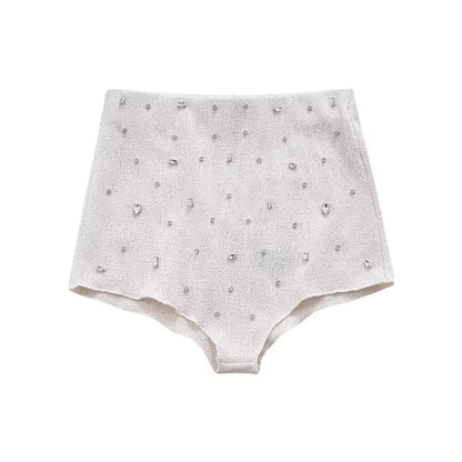 Women's Jewelry-Adorned Neckline Top + High-Waisted Wide-Leg Triangle Pants with Jewelry-Adorned Details