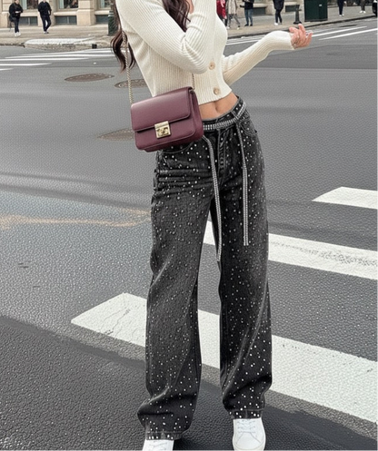 Washed loose wide leg printed jeans with a full diamond drop design straight leg pants
