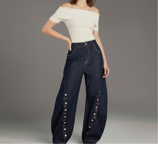 High Street  Pleated Button Decorated Flared Denim Pants Unisex Loose Wide Leg Straight Long Trousers