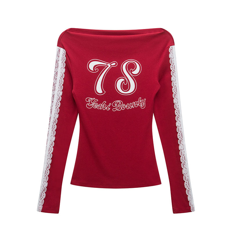 Spaghetti Strap Lace Splicing Sexy T-Shirt Women's INS Sporty Long Sleeve Slim Fit Top