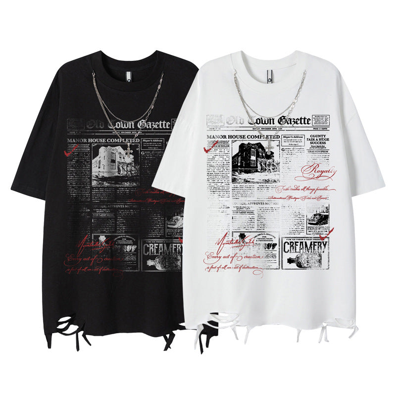 Short Sleeve T-Shirt with Ripped Hem and Chain for Men's Dance