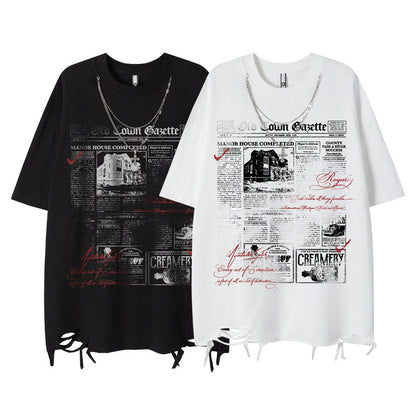 Short Sleeve T-Shirt with Ripped Hem and Chain for Men's Dance