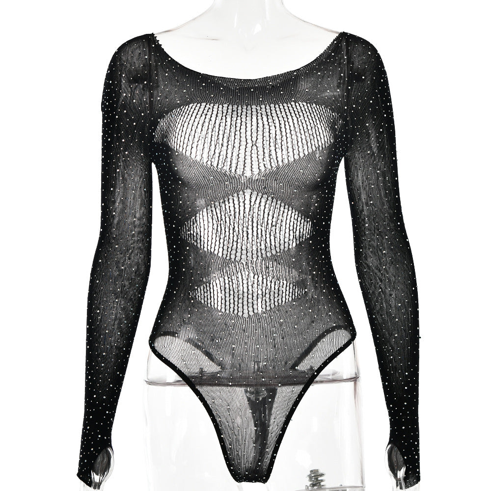 High elasticity knitted see through long sleeved hollow hot stamping jumpsuit for women