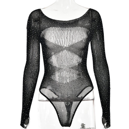 High elasticity knitted see through long sleeved hollow hot stamping jumpsuit for women