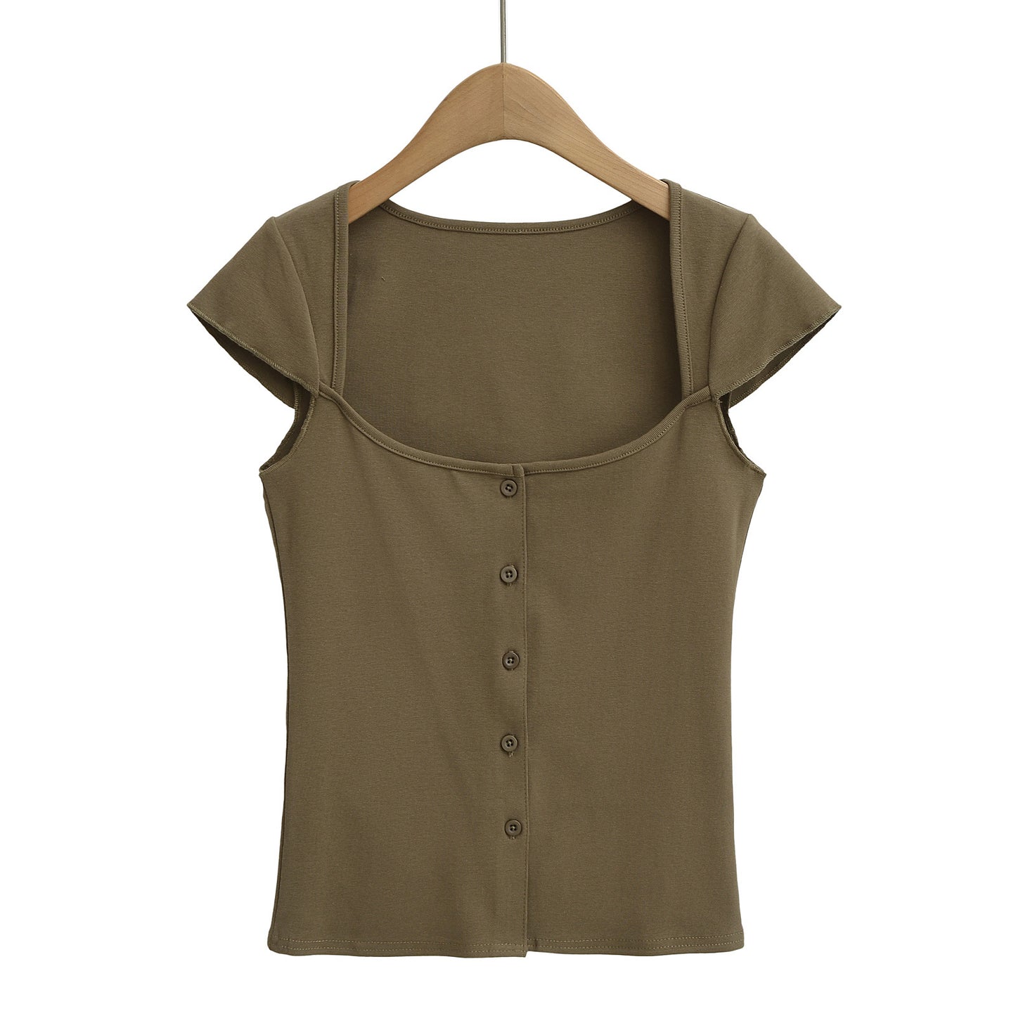 Square Neck Button Short Sleeve Fitted T-Shirt