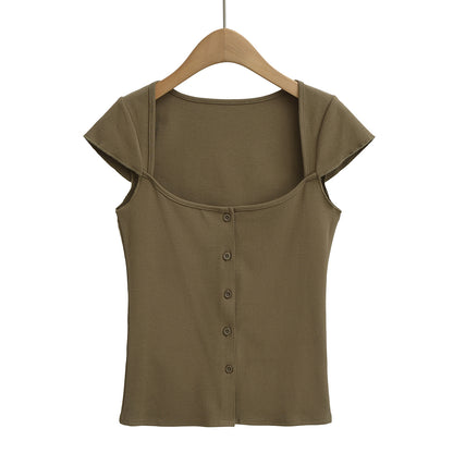 Square Neck Button Short Sleeve Fitted T-Shirt