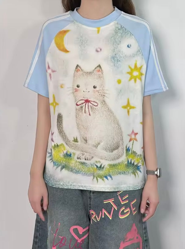 Retro Colorblock Cat Print Short Sleeve T-Shirt Women's Summer Raglan Slim Fit Cropped Spicy Top