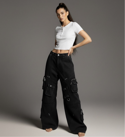 Street Style High-Quality Washed Workwear Pocket Detachable Denim Long Pants