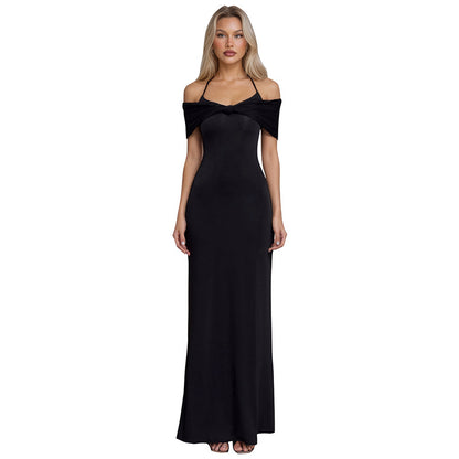 Elegant Off-the-Shoulder Strap Mesh Fitted Long Dress for Women