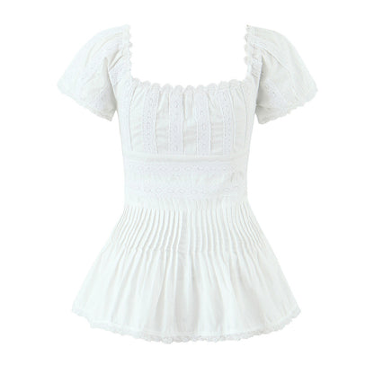 Lace lace square neck slim fit pleated top for women