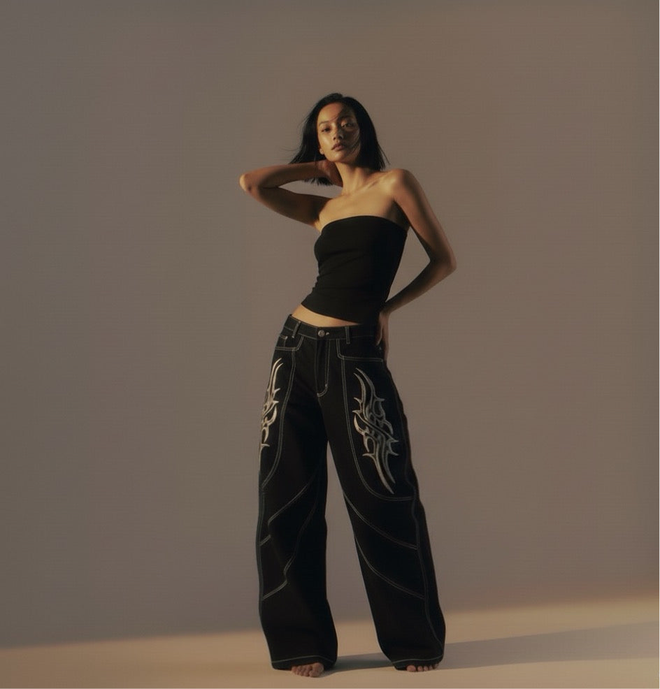 Wide Leg Long Pants Thorns Embroidery Loose Floor-Length Denim Pants Unisex Trendy