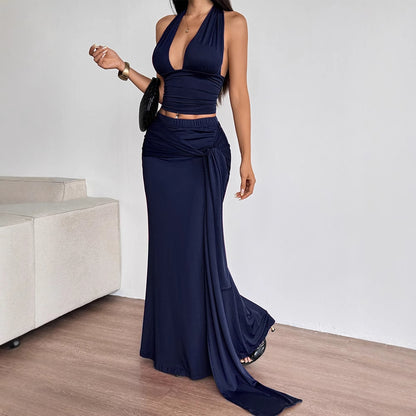 Sexy Off-the-Shoulder Waist-Cinching Top with Belt and Long Fitted Skirt