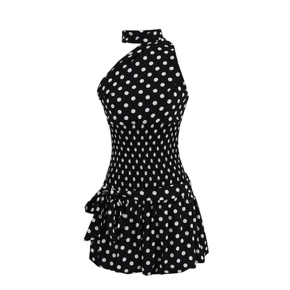 Women's Fashion Sexy Halter Polka Dot Tied Top + Skirt Set