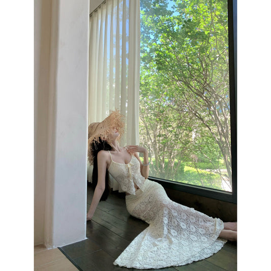 Charming Off-White Fitted Sheer Lace Strapless Skirt Set