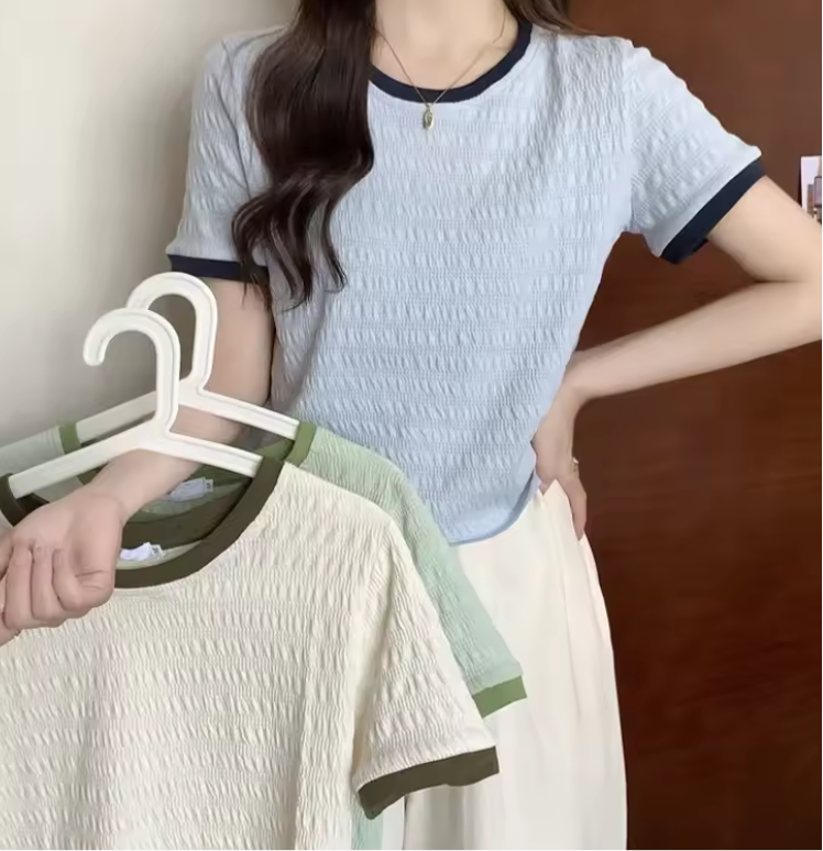 Style Short T-Shirt Women's Slim Fit Korean Version Base Layer with Wooden Edge Half Sleeve Top