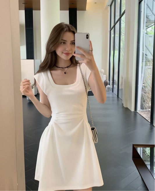 U-neck sleeveless patchwork pleated waist dress