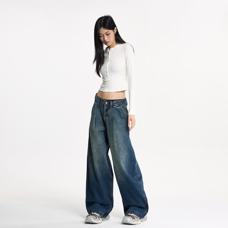 Pleated Wide-Leg Loose Denim Pants, Unisex Designer Style, Unique Couple Long Pants Trend