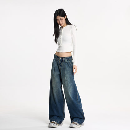Pleated Wide-Leg Loose Denim Pants, Unisex Designer Style, Unique Couple Long Pants Trend