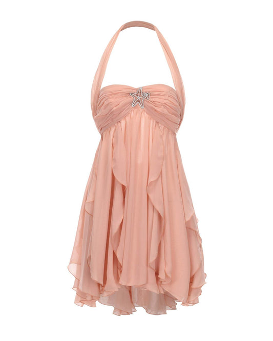 Chiffon Printed French Halter Noble Fairy Dress Holiday Wind Sexy Backless Short Skirt