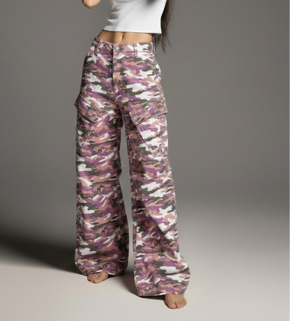 High Street  Style Color Block Multi-Pocket Camouflage Denim Work Pants Unisex Loose Wide Leg Straight Leg Long Pants