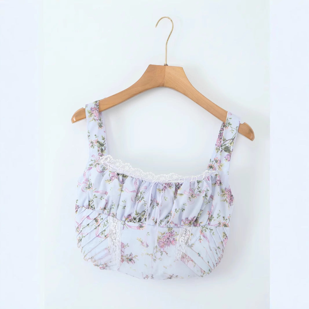 Lace V-neck printed suspender irregular dress short skirt