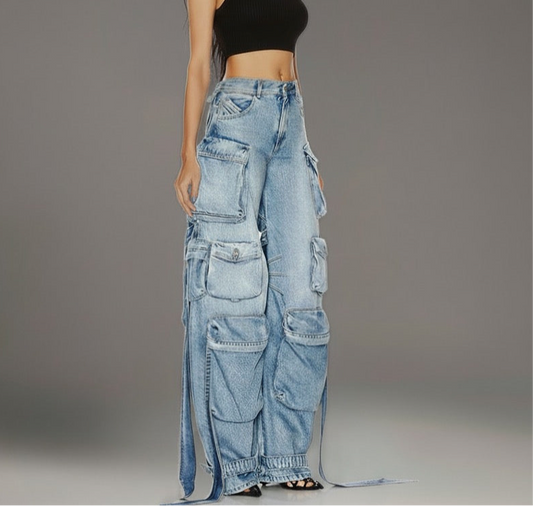 Heavy industry multi pocket denim pants with decorative straps and split back work pants