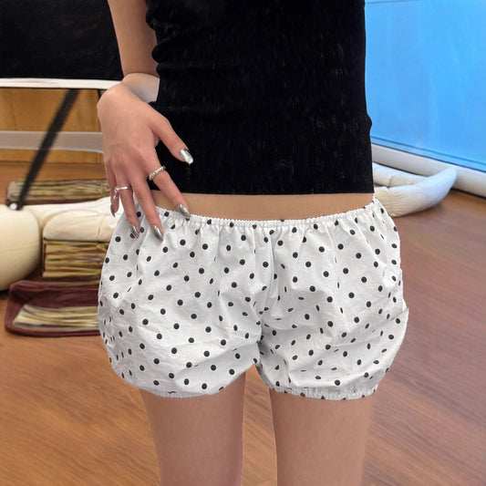 Retro style minimalist polka dot contrasting color slimming low waist woven flower bud shorts